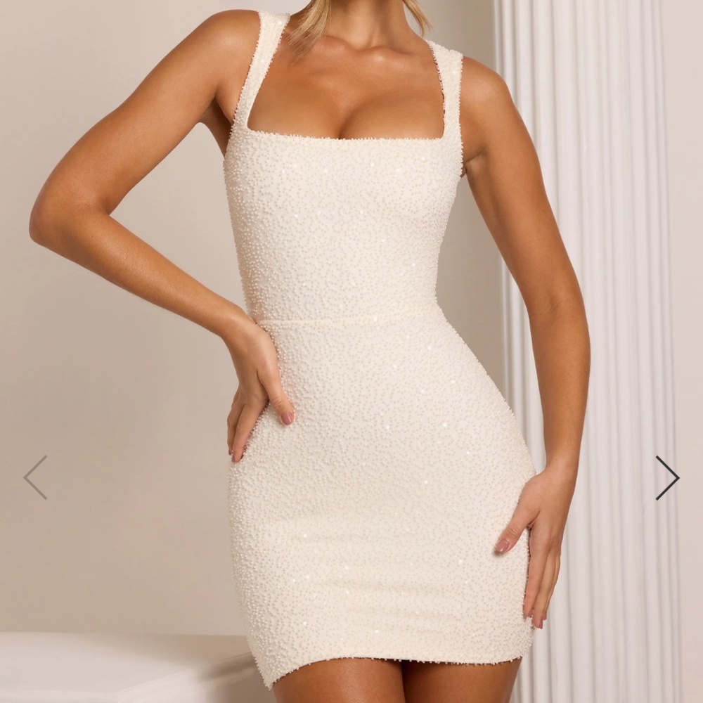 Embellished Square Neck Mini Dress in White